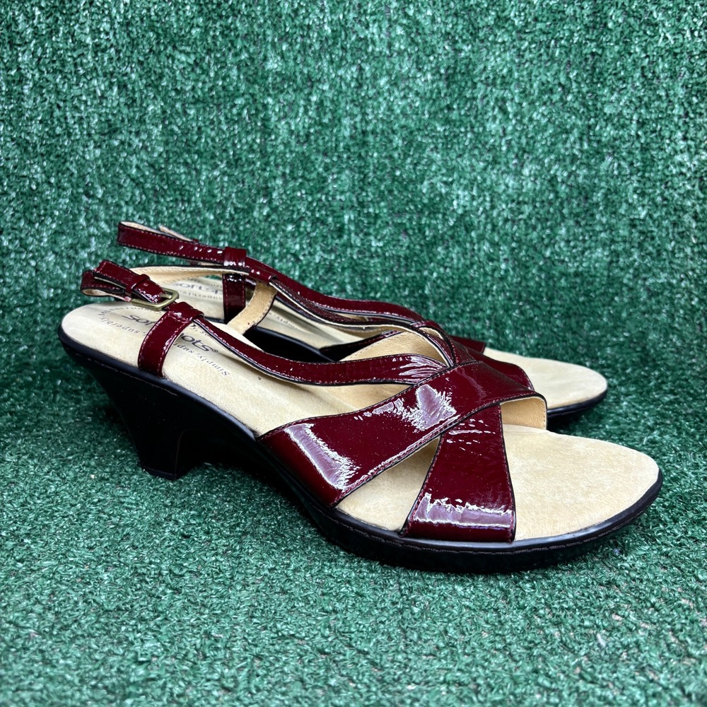 NEW‎ Softspots Patent Leather Slingback Wedge Sandal Burgundy Womens Sz 11W Wide